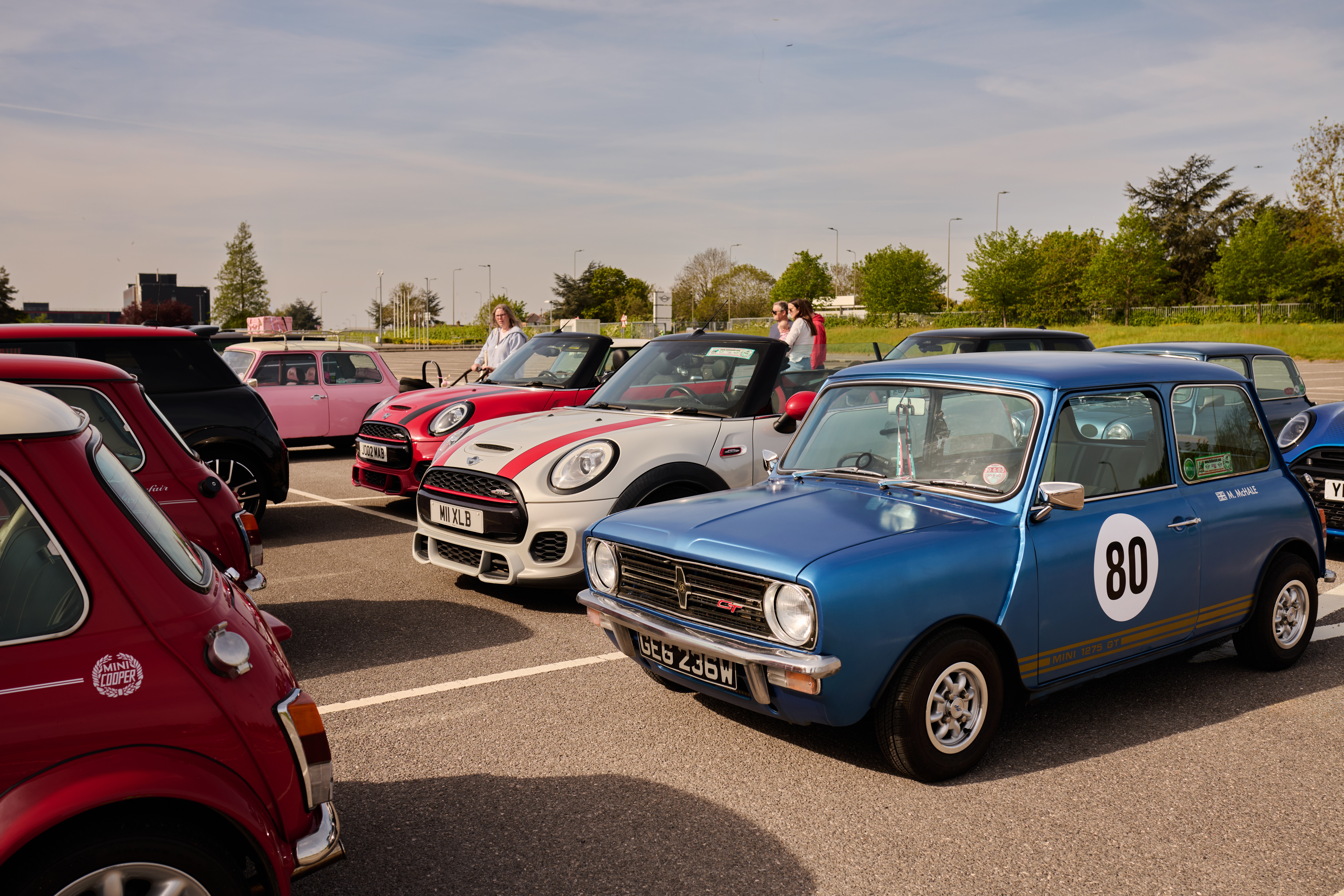 Several Mini cars, including classic and modern models, are parked in a row beside a road with trees and people in the background.